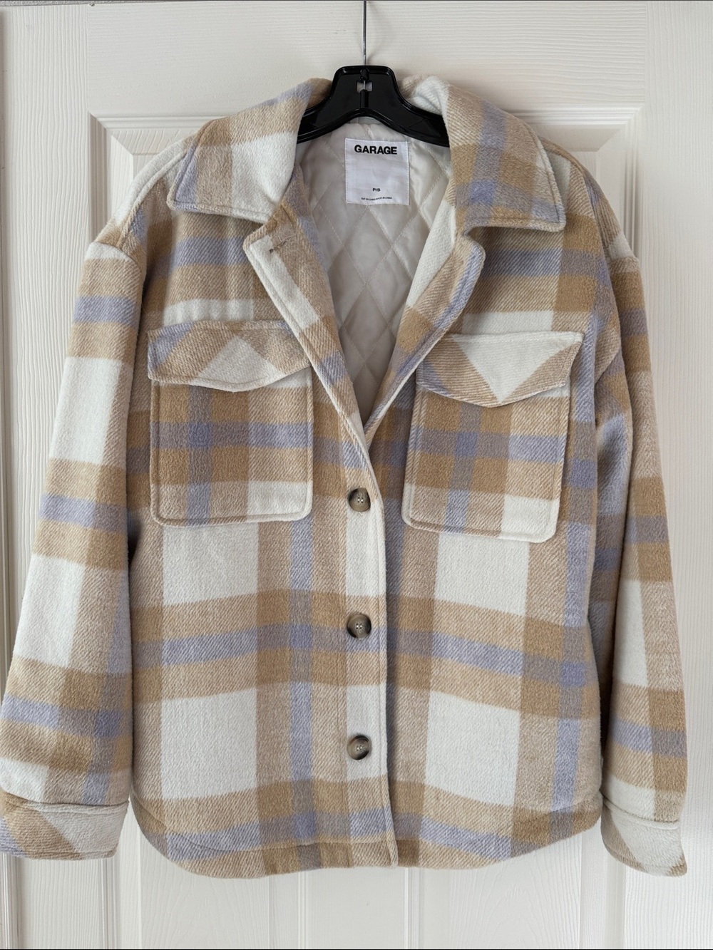 Garage Quilted Plaid Shacket in Cream, Tan & Light Blue